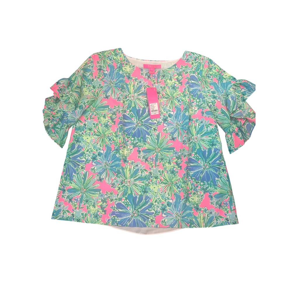 Lilly Pulitzer Darlah Top Good Hare Day Pink Floral Ruffle Sleeve Blouse L NEW